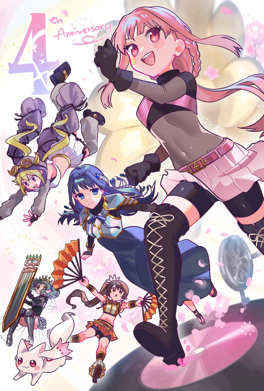 5girls amplifier_(instrument) ankleband anniversary armor armored_boots arms_at_sides bangs bare_shoulders beads belt bike_shorts black_footwear black_gloves black_outline blonde_hair blue_dress blue_eyes blue_hair blue_ribbon blunt_bangs blurry blurry_background blush_stickers bodystocking boots braid branch breastplate breasts brown_eyes brown_footwear brown_gloves brown_hair cherry_blossoms chinese_clothes clenched_hands closed_mouth cow_horns creature crop_top cross-laced_footwear crown curly_hair detached_sleeves dot_nose dress dutch_angle earrings epaulettes eyelashes feet_up fingerless_gloves floating_hair flower foot_out_of_frame frilled_skirt frills futaba_sana gauntlets gloves goggles goggles_on_head green_eyes green_hair green_sweater groin hair_between_eyes hand_fan happy headpiece highres holding holding_fan holding_shield horn_speaker horns jewelry jitome knee_pads knees_together_feet_apart layered_skirt leg_warmers legs_apart light_blush light_particles light_smile loincloth long_dress long_eyelashes long_hair looking_at_viewer low-tied_long_hair low_ponytail low_twin_braids magia_record:_mahou_shoujo_madoka_magica_gaiden mahou_shoujo_madoka_magica medium_breasts midriff mitsuki_felicia multiple_girls nanami_yachiyo navel neck_ribbon no_nose open_mouth orange_skirt outline outstretched_arms parted_lips petals phonograph pink_belt pink_eyes pink_flower pink_hair pink_skirt platform_footwear pleated_skirt purple_skirt record ribbed_sweater ribbon running sandals shield shiny shiny_hair shoes short_sleeves side_ponytail sidelocks simple_background skirt small_breasts small_kyubey smile spiky_hair star_(symbol) star_in_eye sweater swept_bangs symbol_in_eye tamaki_iroha tareme teeth thigh-highs thigh_boots tight tight_dress tsurime turtleneck twin_braids twintails upper_teeth v-shaped_eyebrows veil violet_eyes waist_cape white_background white_skirt wide_sleeves wristband yooki_(winter_cakes) yui_tsuruno