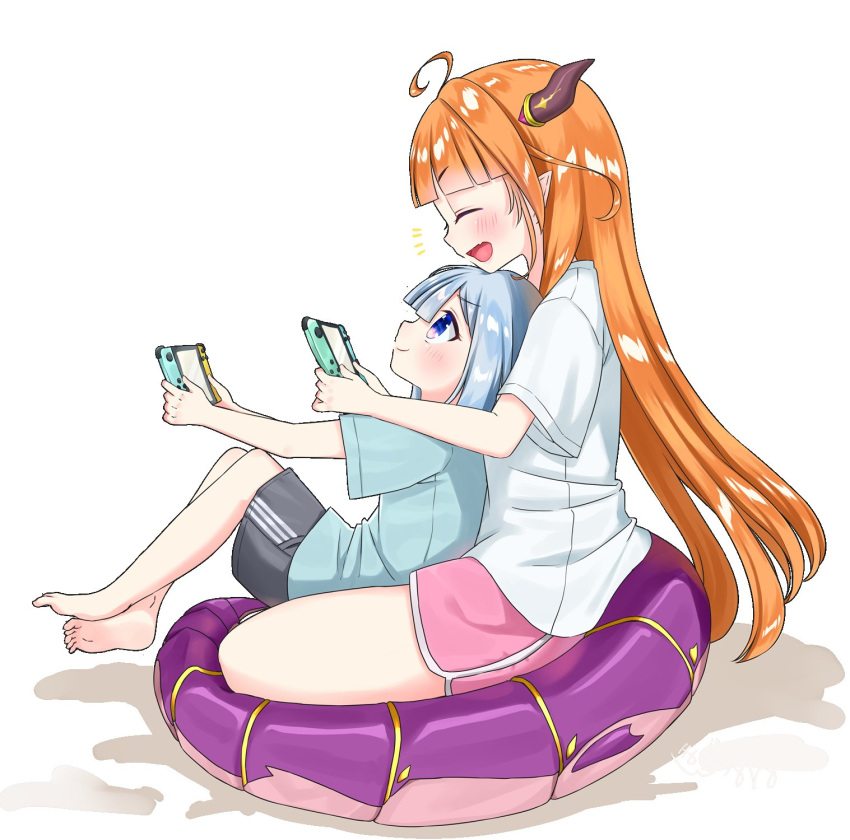 2girls ahoge amane_kanata bangs barefoot blonde_hair blunt_bangs closed_eyes dragon_girl dragon_horns dragon_tail from_side highres hololive horns hosimaru indian_style kiryu_coco long_hair multiple_girls nintendo_switch open_mouth playing_games silver_hair sitting sitting_on_lap sitting_on_person smile tail very_long_hair violet_eyes
