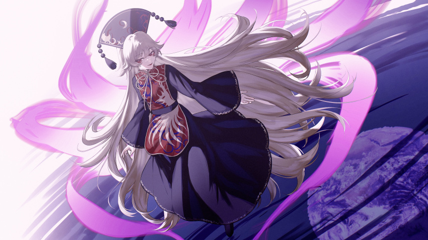1girl absurdres aura bangs belt black_dress black_headwear blonde_hair bow bowtie breasts brown_belt chinese_clothes closed_mouth crescent dress earth_(planet) energy full_body hat highres junko_(touhou) large_breasts legacy_of_lunatic_kingdom long_hair long_sleeves looking_at_viewer mo_(mokatampe) moon phoenix_crown planet pom_pom_(clothes) red_eyes reflection ripples solo tabard touhou vest walking walking_on_liquid wavy_hair white_background wide_sleeves yellow_bow yellow_neckwear
