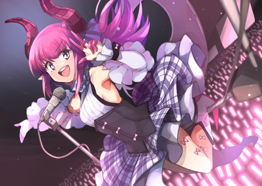 1girl asymmetrical_horns blue_eyes boots breasts corset curled_horns detached_sleeves dragon_girl dragon_horns dragon_tail elizabeth_bathory_(fate) elizabeth_bathory_(fate)_(all) elizabeth_bathory_(fate/extra_ccc) fate/grand_order fate_(series) haku_(grimjin) highres horns idol long_hair microphone microphone_stand pink_hair pointy_ears small_breasts solo tail tail_raised white_footwear white_sleeves