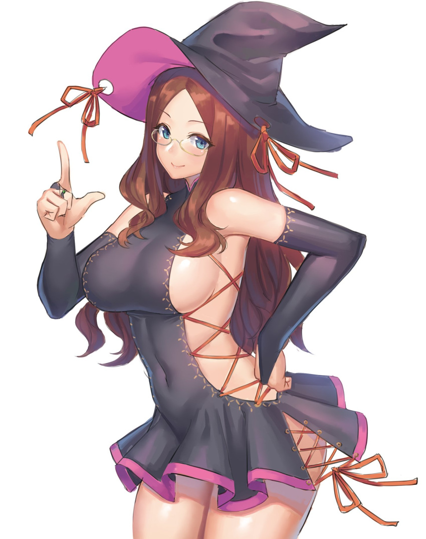 1girl bangs black_dress blue_eyes blush breasts brown_hair dress fate/grand_order fate_(series) forehead hat highres large_breasts leonardo_da_vinci_(fate) long_hair looking_at_viewer parted_bangs ranma_(kamenrideroz) sideboob smile solo witch_hat