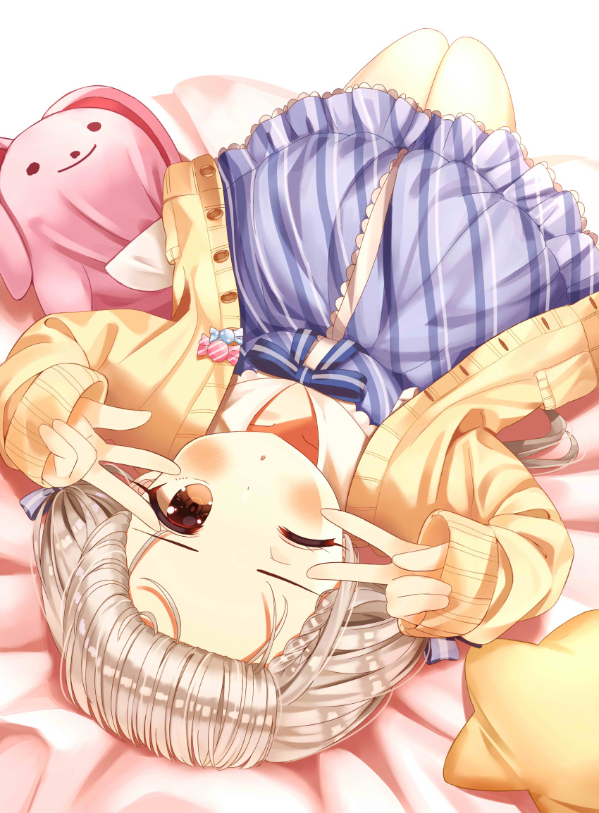 1girl ;o absurdres arms_up bed_sheet blue_dress blush collarbone commentary_request diagonal_stripes dress forehead frilled_dress frills grey_hair highres hisakawa_nagi idolmaster idolmaster_cinderella_girls jacket long_hair long_sleeves lying on_back one_eye_closed open_clothes open_jacket parted_lips pinching_sleeves simple_background sleeves_past_wrists solo star_pillow striped striped_dress stuffed_animal stuffed_bunny stuffed_toy v_over_eye very_long_hair white_background yata_(yatao_zzz) yellow_jacket