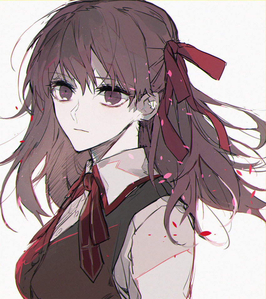 1girl brown_eyes brown_hair brown_vest closed_mouth collared_shirt ebanoniwa fate/stay_night fate_(series) hair_ribbon highres long_hair looking_at_viewer matou_sakura neck_ribbon red_neckwear red_ribbon ribbon shirt solo vest wing_collar