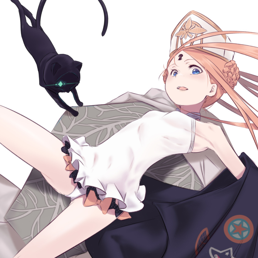1girl abigail_williams_(fate) abigail_williams_(swimsuit_foreigner)_(fate) bangs bare_shoulders black_bow black_cat black_jacket blonde_hair blue_eyes bow braid braided_bun breasts cat daisi_gi double_bun dress_swimsuit fate/grand_order fate_(series) forehead highres jacket keyhole long_hair mitre multiple_bows off_shoulder open_mouth orange_bow parted_bangs sidelocks small_breasts smile swimsuit thighs twintails very_long_hair white_headwear white_swimsuit