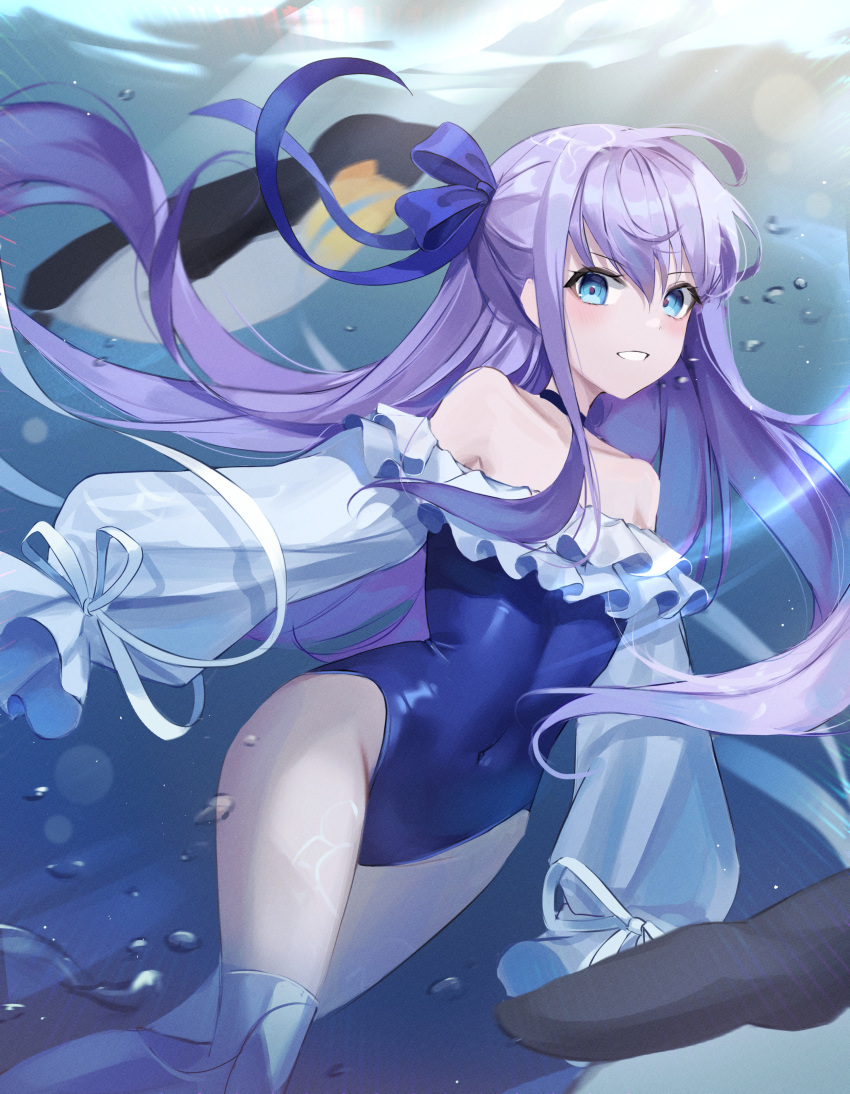 1girl absurdres bird blue_eyes bow covered_navel fate/grand_order fate_(series) hair_bow highres kyo_(maae00) long_hair meltryllis_(fate) meltryllis_(swimsuit_lancer)_(fate) one-piece_swimsuit penguin purple_hair sleeves_past_fingers sleeves_past_wrists swimsuit underwater
