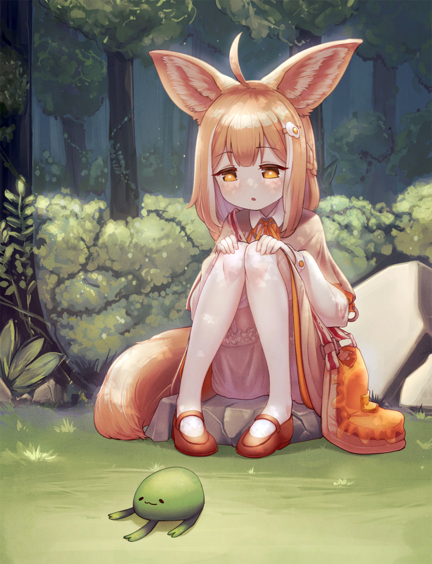 1girl :3 :o ahoge animal_ear_fluff animal_ears bag bangs beige_skirt bloomers braid brown_hair capelet creature dappled_sunlight egg_hair_ornament eyebrows_visible_through_hair food food-themed_hair_ornament forest fox_ears fox_girl fox_tail french_braid frills garter_straps grass hair_ornament hands_on_own_knees highres jacy knees_together_feet_apart long_sleeves looking_down multicolored_hair nature open_mouth orange_eyes original outdoors pancake pigeon-toed rock shirt sitting solo streaked_hair sunlight tail thigh-highs tree underwear white_hair white_shirt wing_collar
