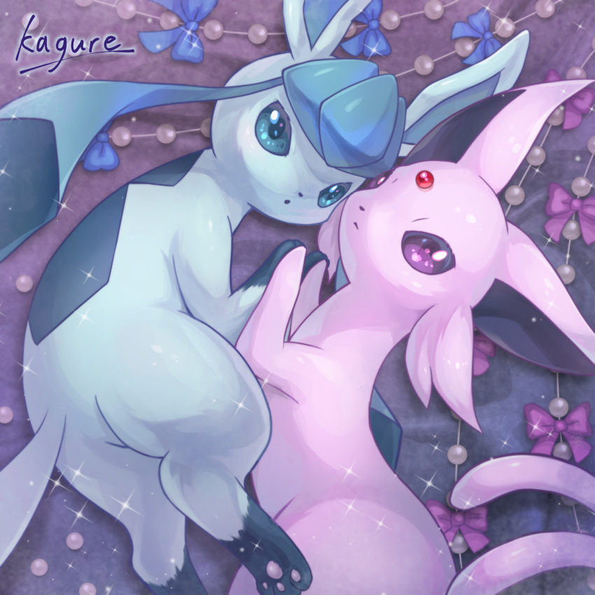 blue_bow bow closed_mouth commentary_request espeon from_above glaceon highres holding_hands kagure_(karaguren) no_humans pokemon pokemon_(creature) purple_bow sparkle toes violet_eyes