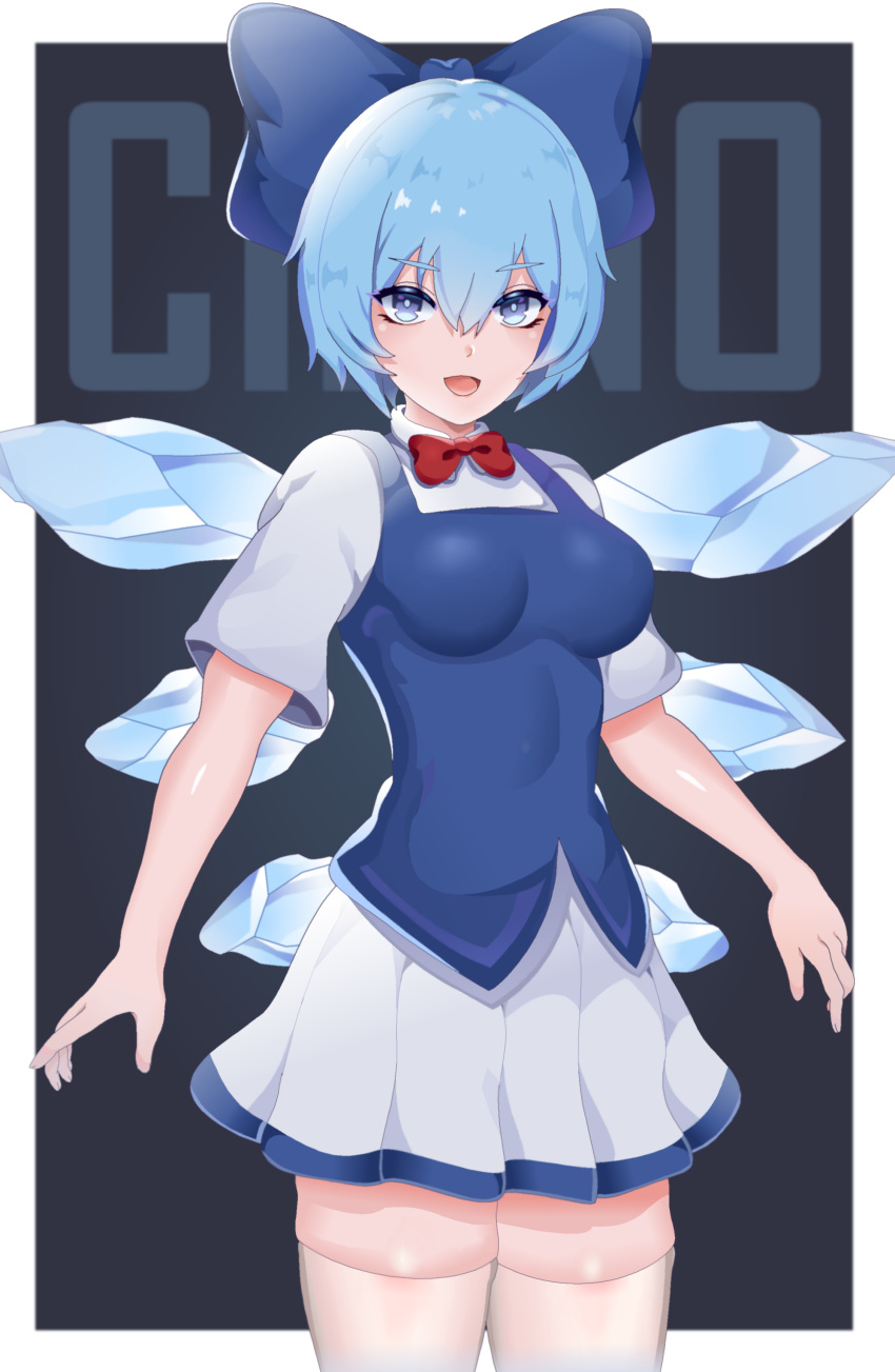 1girl absurdres blue_bow blue_dress blue_eyes blue_hair blue_vest bow breasts callmaichi character_name cirno collared_shirt dress grey_background hair_bow highres ice ice_wings medium_breasts miniskirt neck_ribbon puffy_short_sleeves puffy_sleeves red_neckwear ribbon shirt short_hair short_sleeves simple_background skirt solo thigh-highs thighs touhou vest white_legwear white_shirt white_skirt wings