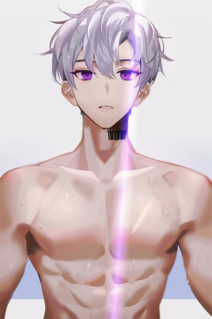 1boy abs absurdres barcode barcode_tattoo collarbone commentary grey_background highres looking_at_viewer male_focus muscular muscular_male original parted_lips pectorals purple_hair short_hair solo sweat tattoo topless_male upper_body very_short_hair violet_eyes wet wet_hair yoru_(yowuyoru)