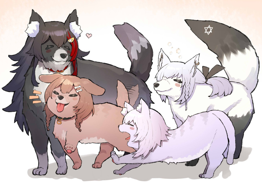 animal_collar animal_focus animalization black_hair braid brown_hair cat closed_eyes collar dog earrings hair_ornament hairclip heart highres hololive inugami_korone jewelry long_hair mikan_(chipstar182) multicolored_hair nekomata_okayu no_humans notice_lines ookami_mio purple_hair shirakami_fubuki simple_background smile streaked_hair tongue tongue_out twin_braids white_background yawning