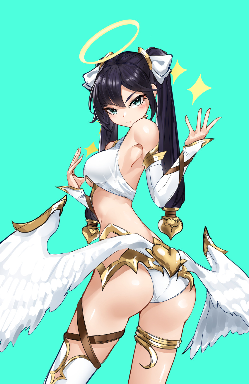 1girl absurdres alternate_costume angel_costume armpits ass bangs bare_shoulders bent_over black_hair blush breasts butt_crack casul commentary detached_sleeves eyebrows_visible_through_hair feathered_wings from_behind genshin_impact green_eyes hair_between_eyes hair_ribbon halo halter_top halterneck highres long_hair long_sleeves looking_at_viewer looking_back low_wings mona_(genshin_impact) panties pose ribbon sidelocks simple_background single_thighhigh solo thigh-highs thighlet thighs twintails twisted_torso under_boob underwear white_panties white_wings wings