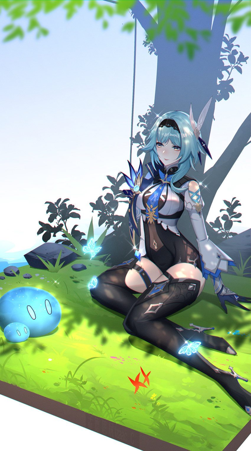 1girl absurdres bangs between_breasts black_gloves black_headband black_leotard blue_neckwear blurry blurry_foreground boots branch breasts bug butterfly chinese_commentary closed_mouth cross-laced_clothes eula_(genshin_impact) full_body gem genshin_impact gloves glowing glowing_butterfly grass hair_ornament headband high_heels highres izaac juliet_sleeves leotard light_blue_hair long_sleeves puffy_sleeves rock shiny shiny_hair short_hair sidelocks sitting slime_(genshin_impact) smile solo thigh-highs thigh_boots thigh_strap thighs tree vision_(genshin_impact) white_background yellow_eyes