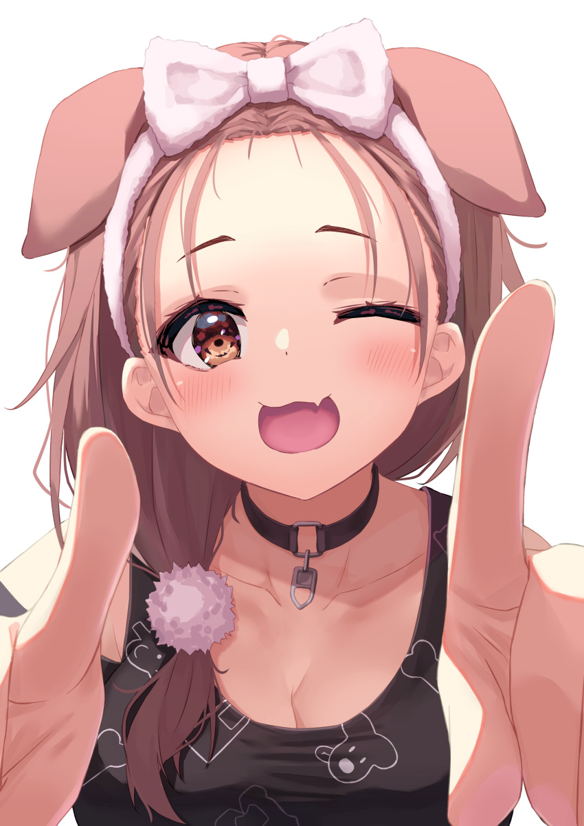 1girl ;d absurdres animal_ears black_choker black_shirt blush bow bow_hairband breasts brown_eyes brown_hair choker commentary_request dog_ears dog_girl extra_ears eyebrows_visible_through_hair fang foreshortening hair_bow hair_ornament hair_over_shoulder hairband highres hololive index_fingers_raised inugami_korone large_breasts long_hair looking_at_viewer one_eye_closed open_mouth pom_pom_(clothes) pom_pom_hair_ornament print_shirt shirt simple_background skin_fang smile solo starkamisan upper_body virtual_youtuber white_background