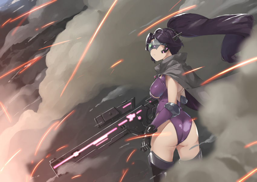 1girl ass boots breasts cloak commentary_request cowboy_shot from_behind girls_frontline gloves gun head_mounted_display headgear holding holding_gun holding_weapon jaeger_(girls'_frontline) large_breasts leotard long_hair ponytail purple_hair purple_leotard rifle sangvis_ferri science_fiction smoke sniper_rifle solo thigh-highs thigh_boots twin_(tt_lsh) weapon