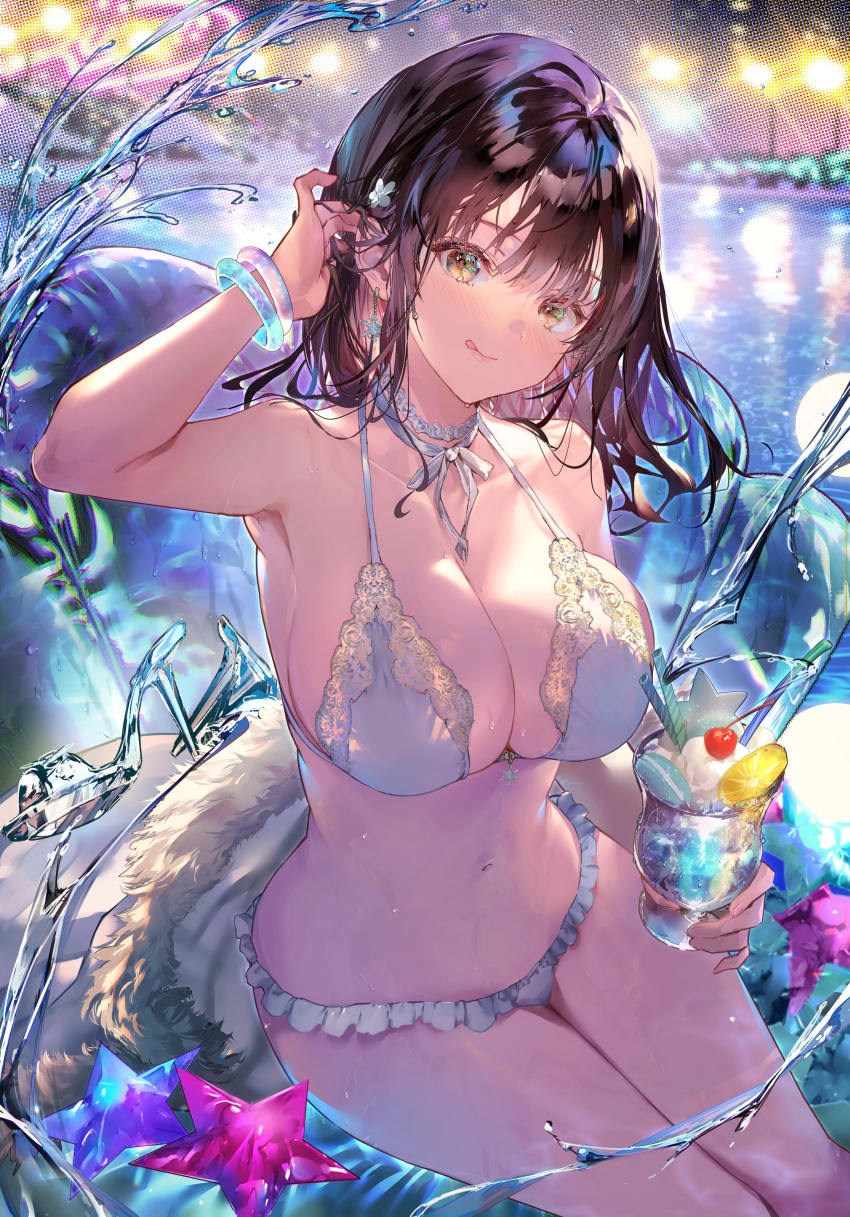 1girl :q absurdres bikini black_hair bracelet breasts choker collarbone cup food frilled_bikini frills highres hitaki_yuu holding holding_cup ice_cream jewelry large_breasts looking_at_viewer navel original outdoors ribbon_choker short_hair sitting solo swimsuit tongue tongue_out water wet wet_hair white_bikini white_choker yellow_eyes