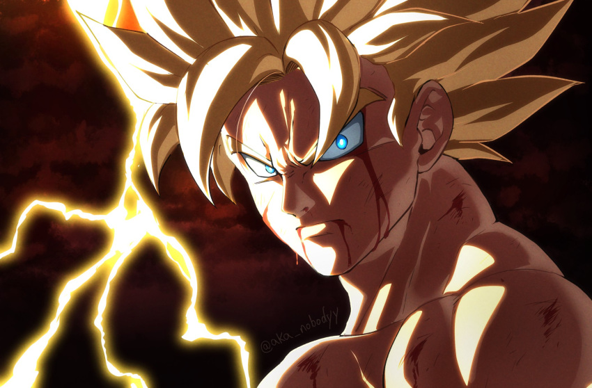 1boy aka_nobodyy bangs blonde_hair blood blood_from_eyes blood_from_mouth blood_on_face blue_eyes bright_pupils close-up closed_mouth clouds cloudy_sky collarbone commentary cuts dark_clouds darkness derivative_work dragon_ball dragon_ball_z english_commentary face frown glowing glowing_eyes highres injury lightning looking_at_viewer male_focus muscular muscular_male parted_bangs red_sky scratches screencap_redraw serious sidelighting sky son_goku spiky_hair super_saiyan super_saiyan_1 twitter_username upper_body white_pupils