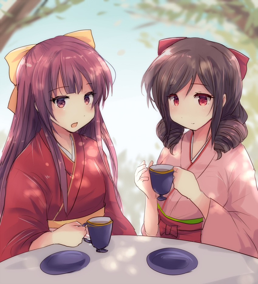 2girls bow brown_hair closed_mouth commentary cup drill_hair eyebrows_visible_through_hair gradient_hair hair_bow hakama hakama_skirt harukaze_(kancolle) highres hirune_(konekonelkk) holding holding_cup japanese_clothes kamikaze_(kancolle) kantai_collection kimono long_hair meiji_schoolgirl_uniform multicolored_hair multiple_girls open_mouth outdoors pink_hair pink_hakama pink_kimono purple_hair red_bow red_eyes red_hakama red_kimono revision ribbon saucer skirt table tea teacup tree tree_shade twin_drills violet_eyes yellow_bow