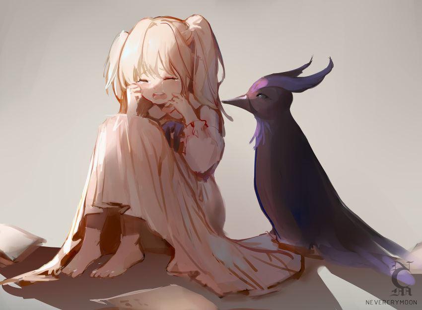 1boy 1girl animal artist_logo artist_name bad_id bad_pixiv_id bangs barefoot beak bird blonde_hair book closed_eyes collared_dress crying dress familiar feathers feet fischl_(genshin_impact) full_body genshin_impact grey_background hair_between_eyes highres long_sleeves looking_at_another min_miyamoto open_book oz_(genshin_impact) purple_ribbon raven ribbon sad shadow simple_background tears teeth two_side_up upper_teeth white_dress younger