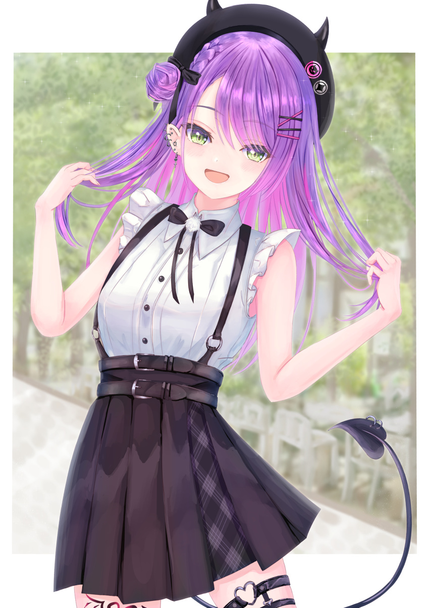 1girl absurdres alternate_costume asymmetrical_hair beret black_headwear black_neckwear bow bowtie commentary demon_tail green_eyes hat highres hololive long_hair looking_at_viewer mikage_hrk pleated_skirt purple_hair side_bun skirt solo suspender_skirt suspenders tail tokoyami_towa virtual_youtuber