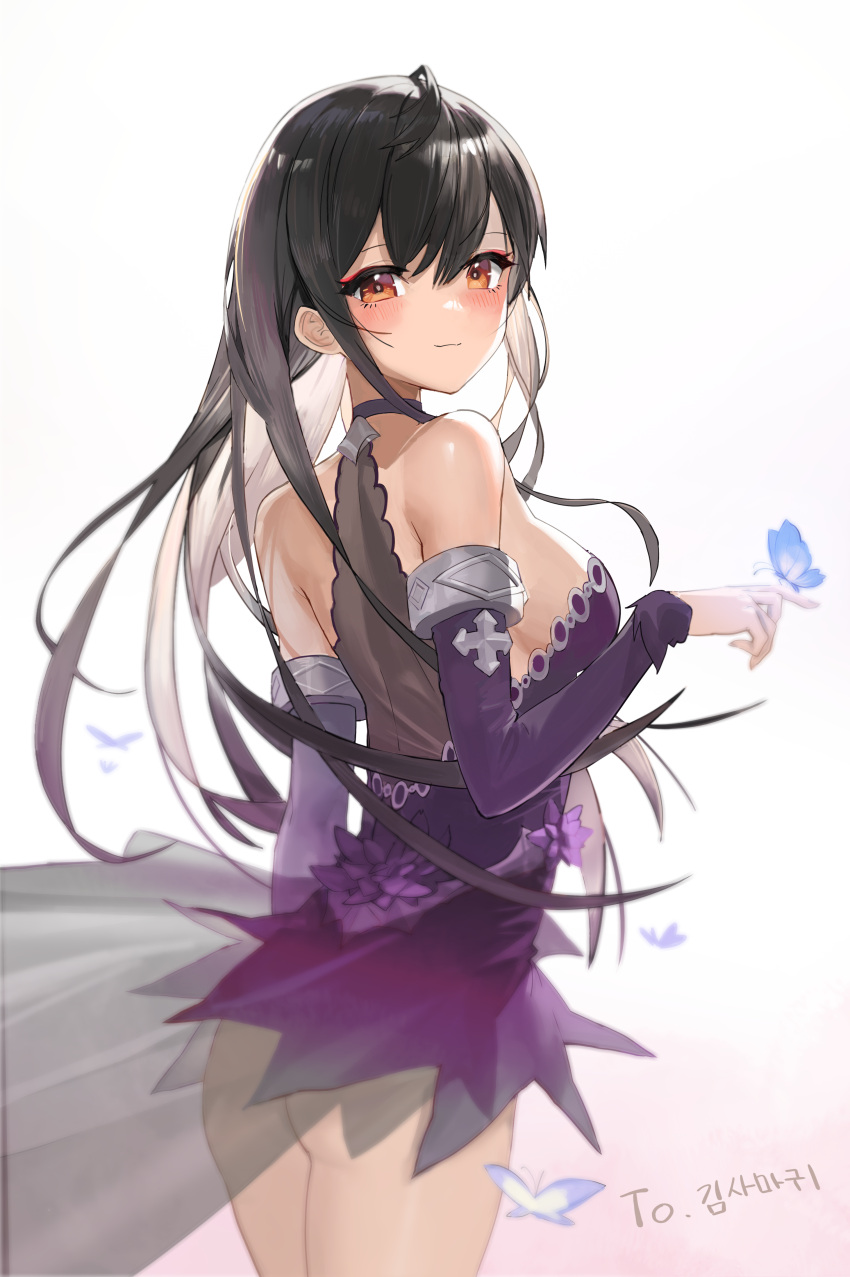 1girl :3 absurdres ahoge amebi ass bare_shoulders black_choker black_hair breasts bug butterfly choker commission cowboy_shot detached_sleeves dress eyeliner from_behind highres long_hair long_sleeves looking_at_viewer looking_back makeup medium_breasts original purple_dress red_eyes see-through short_dress simple_background smile solo white_background