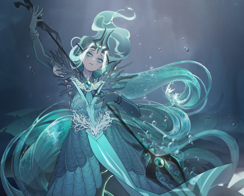 1girl aqua_eyes aqua_hair black_gloves blue_dress bracelet bubble commentary cookie_run coral crown dress elbow_gloves english_commentary eyeshadow gloves highres holding holding_polearm holding_weapon humanization jewelry liquid_hair long_hair makeup noctulilium ocean pointy_ears polearm sea_fairy_cookie seashell shell slit_pupils solo trident underwater very_long_hair weapon