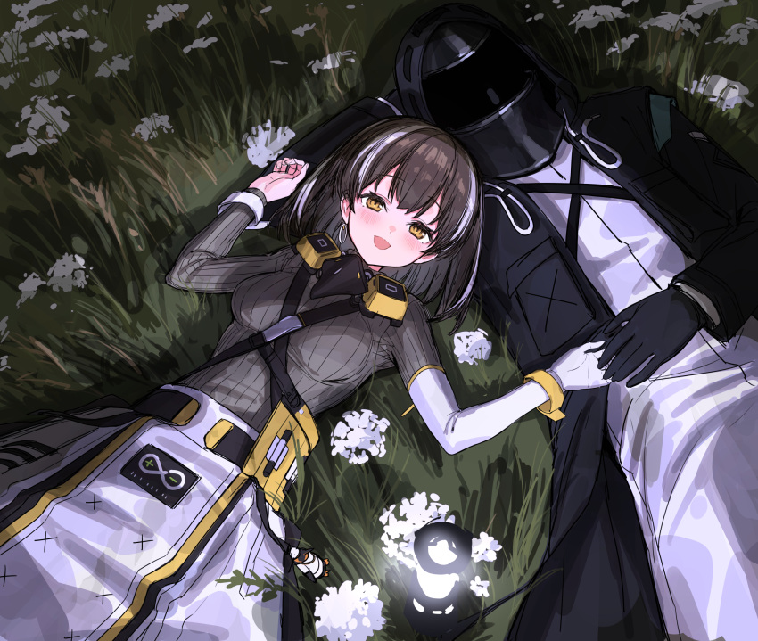1girl 1other arknights bird_mask black_coat black_gloves blush breasts brown_hair clothes_around_waist coat commentary covered_face cowboy_shot doctor_(arknights) earrings eyebrows_visible_through_hair flower from_above gloves grass grey_sweater happy highres holding_hands hood hood_up hooded_coat jewelry keychain lantern long_sleeves looking_at_viewer lying magallan_(arknights) mask mask_around_neck medium_breasts multicolored_hair night on_back open_mouth outdoors rhine_lab_logo ribbed_sweater short_hair sigm@ silver_hair single_earring single_glove smile strap streaked_hair sweater symbol-only_commentary the_emperor_(arknights) turtleneck turtleneck_sweater two-tone_hair white_gloves wristband yellow_eyes