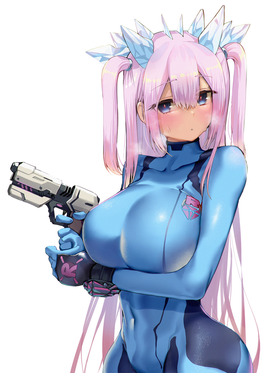 1girl arm_under_breasts blue_bodysuit blue_eyes blush bodysuit breasts cosplay eyebrows_visible_through_hair finger_on_trigger glowing glowing_eyes gun hair_ornament handgun highres holding holding_gun holding_weapon large_breasts looking_at_viewer metroid metroid_dread navel original otoha_rilly paralyzer pink_hair pistol samus_aran samus_aran_(cosplay) satou_daiji skin_tight skindentation solo steam sweat transparent_background twintails virtual_youtuber weapon zero_suit