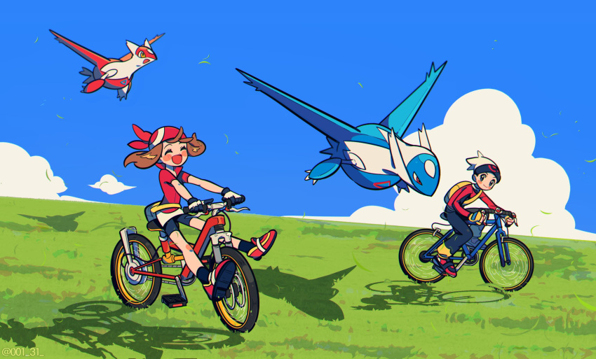 1boy 1girl :d backpack bag bike_shorts_under_skirt black_legwear black_pants blush_stickers brendan_(pokemon) brown_hair chueog closed_eyes clouds day eyelashes fanny_pack floating_hair gloves grass highres holding jacket latias latios leaves_in_wind long_sleeves may_(pokemon) open_mouth outdoors pants pokemon pokemon_(game) pokemon_rse red_bandana red_footwear red_shirt riding_bicycle shirt shoes short_sleeves skirt sky smile socks tongue white_skirt yellow_bag yellow_gloves