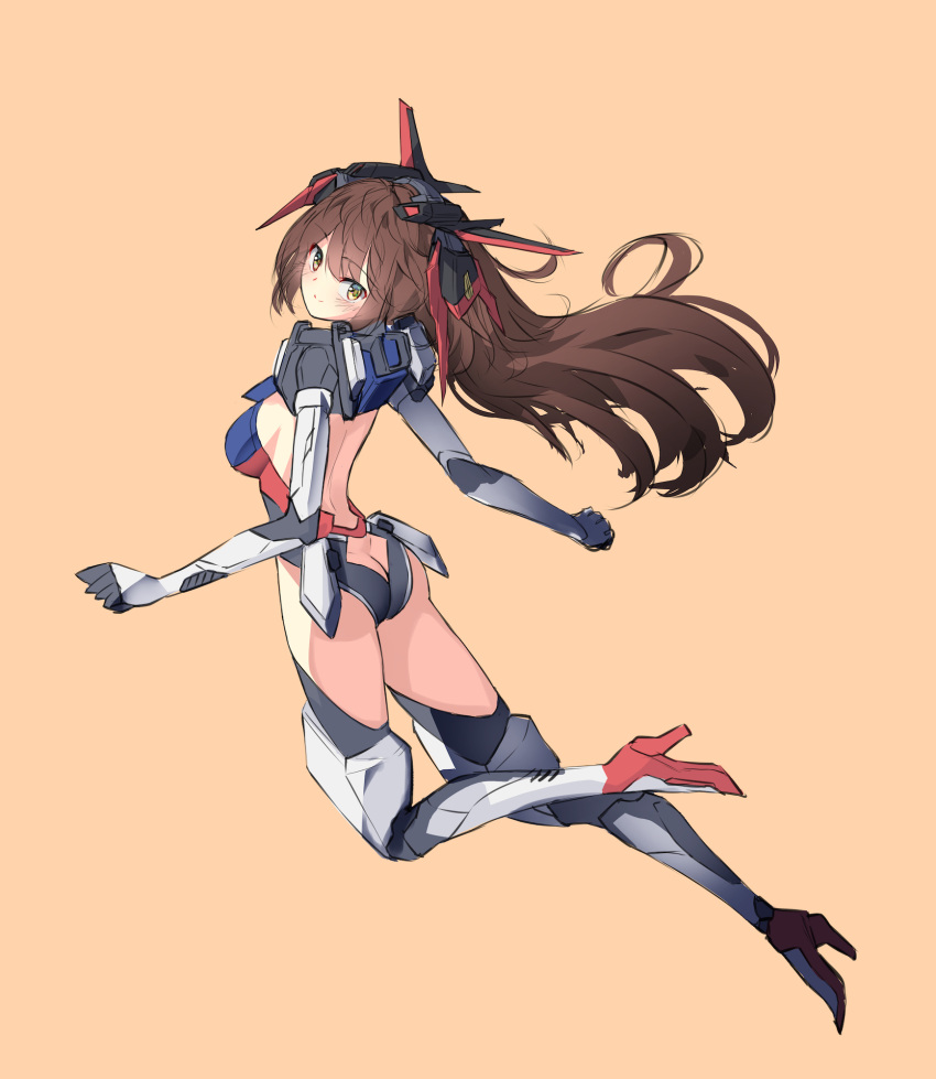 1girl aile_strike_gundam ass blush breasts brown_hair butt_crack clenched_hand eyebrows_visible_through_hair gundam gundam_seed highres i.takashi leotard long_hair mecha_musume medium_breasts metal_boots open_hand orange_hair personification sideboob smile solo thigh-highs yellow_eyes