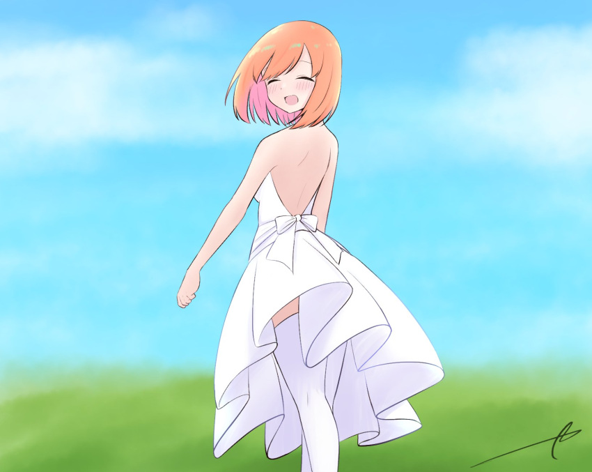 1girl :d ^_^ backless_dress backless_outfit bangs bare_arms bare_shoulders blue_sky blush closed_eyes clouds commentary day dress eyebrows_behind_hair facing_viewer feet_out_of_frame from_behind go-toubun_no_hanayome green_ribbon highres kujou_karasuma nakano_yotsuba open_mouth orange_hair outdoors pleated_dress ribbon signature sky smile solo symbol-only_commentary thigh-highs white_dress white_legwear