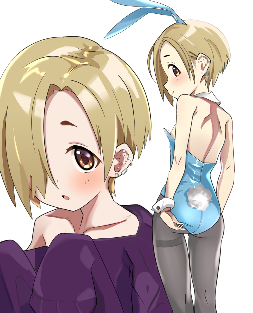 absurdres animal_ears detached_collar ear_piercing fake_animal_ears fake_tail hair_over_one_eye highres idolmaster idolmaster_cinderella_girls leotard looking_at_viewer mitche pantyhose piercing playboy_bunny rabbit_ears rabbit_tail shirasaka_koume short_hair strapless strapless_leotard tail wrist_cuffs