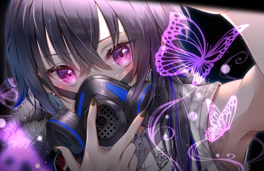 1girl arm_up armpits bangs black_background black_hair black_nails blue_hair blush bug butterfly collared_shirt eyebrows_visible_through_hair fingernails gas_mask highres ichinose_uruha long_fingernails long_hair looking_at_viewer lupinus_virtual_games mask multicolored_hair shirt simple_background sleeveless sleeveless_shirt solo streaked_hair toki_(toki_ship8) two-tone_hair upper_body violet_eyes virtual_youtuber vspo! white_shirt