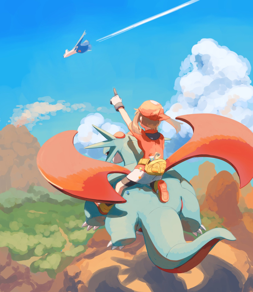 1girl arm_up bandana bike_shorts_under_skirt brown_hair claws clouds day fanny_pack flying from_behind gloves highres latios may_(pokemon) outdoors pointing pokemon pokemon_(creature) pokemon_(game) pokemon_rse riding riding_pokemon salamence shirt shoes short_sleeves skirt sky socks torinoko_(miiko_draw) twintails white_skirt yellow_bag yellow_footwear