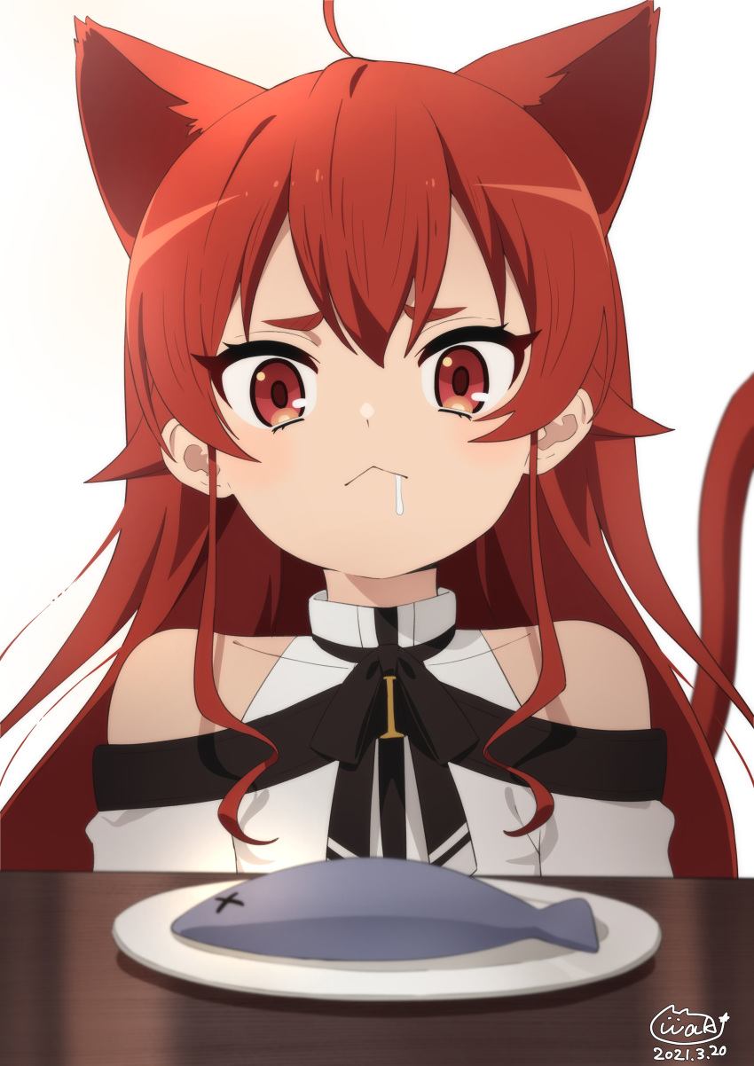 1girl :&lt; absurdres ahoge animal_ears bangs bare_shoulders cat_ears cat_tail closed_mouth collarbone commentary_request dated drooling eris_greyrat fish hair_intakes highres long_hair looking_at_viewer mushoku_tensei neki_(wakiko) plate red_eyes redhead saliva shiny shiny_hair simple_background solo table tail tail_raised upper_body