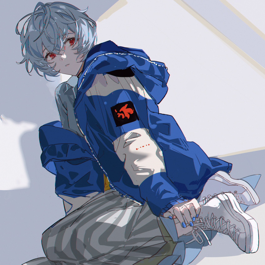 1girl ayanami_rei blue_hair blue_jacket casual eyebrows_visible_through_hair hair_between_eyes highres jacket kanose nail_polish neon_genesis_evangelion off_shoulder red_eyes shoes short_hair sitting skirt sneakers solo white_background