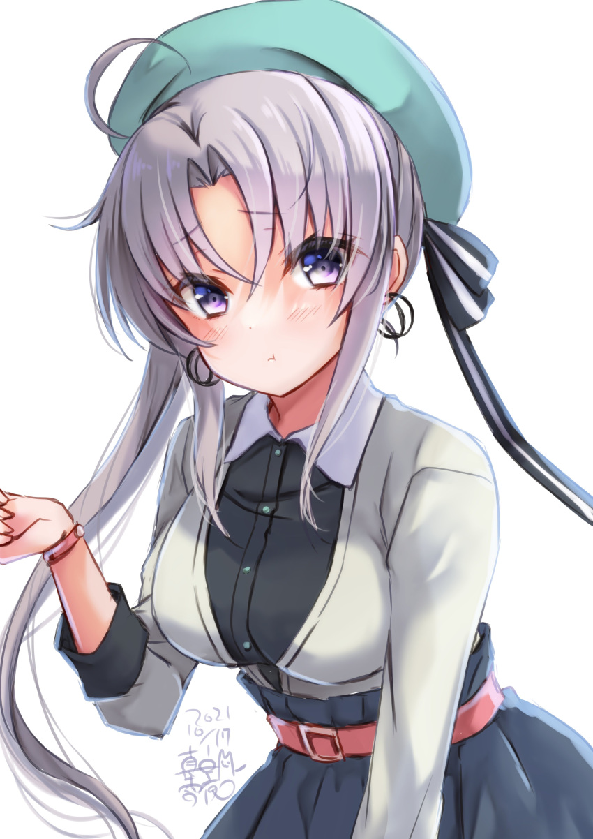 1girl absurdres ahoge akitsushima_(kancolle) artist_name belt belt_buckle black_shirt black_skirt blush breasts buckle buttons collared_shirt dated eyebrows_visible_through_hair highres kantai_collection long_hair long_sleeves mashiro_yukiya medium_breasts pout purple_hair red_belt shirt side_ponytail sidelocks signature simple_background skirt solo upper_body violet_eyes white_background