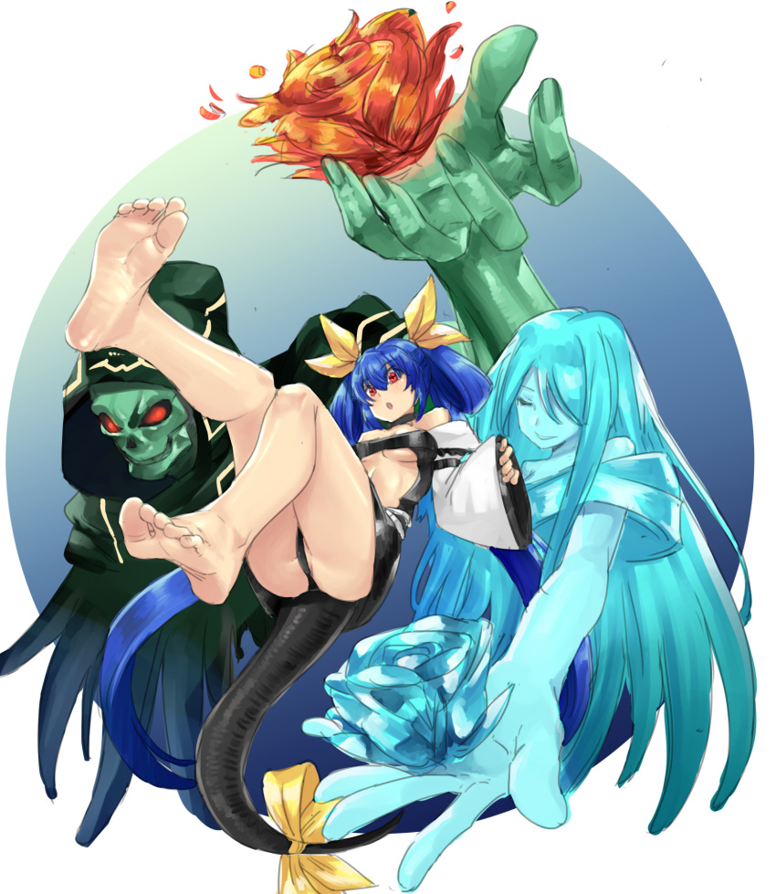 1boy 2girls :o angel_wings ass asymmetrical_wings bare_shoulders barefoot blue_hair breasts choker dizzy_(guilty_gear) eiji_(eiji) feet flower greek_toe guilty_gear guilty_gear_x guilty_gear_xx hair_ribbon hair_rings highres long_hair monster_girl mother's_day multiple_girls necro_(guilty_gear) open_mouth red_eyes ribbon simple_background soles tail tail_ornament tail_ribbon toes twintails under_boob undine_(guilty_gear) wide_sleeves wings yellow_ribbon