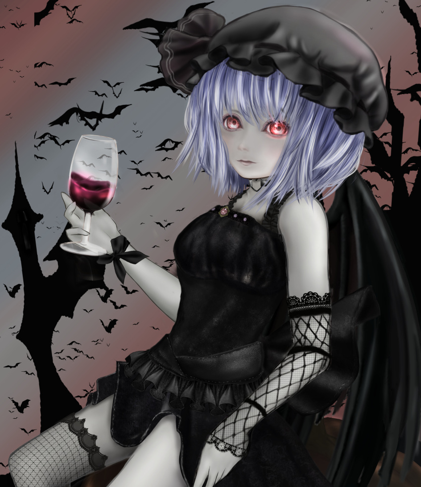 1girl absurdres bat bat_wings black_bow black_dress black_headwear black_ribbon blue_hair bow choker colored_skin cup dress fishnet_gloves fishnet_legwear fishnets gloves gothic_lolita grey_skin halloween hat hat_ribbon heart highres holding holding_cup lolita_fashion mob_cap red_eyes remilia_scarlet ribbon sash serious short_dress single_glove single_thighhigh solo thigh-highs touhou user_yejz5227 wings