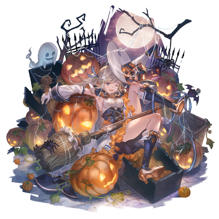 1girl bandaid bandaid_on_head bare_tree basket blonde_hair blue_eyes blue_footwear blue_ribbon boots breasts broom cape cleavage_cutout clothing_cutout coffin corset crossed_bandaids cucouroux_(granblue_fantasy) detached_sleeves dress fence flower full_body ghost gloves granblue_fantasy gun hair_ribbon hat high_heel_boots high_heels jack-o'-lantern looking_at_viewer medium_breasts official_alternate_costume official_art one_eye_closed open_mouth outstretched_arm plant pumpkin ribbon sidelocks silk smile solo spider_lily transparent_background tree twintails vines weapon white_dress white_gloves witch_hat
