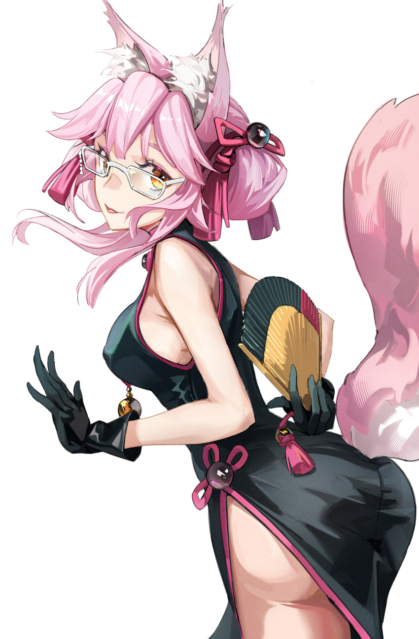 1girl absurdres animal_ear_fluff animal_ears ass bangs bell black_dress black_gloves blush breasts china_dress chinese_clothes double_bun dress fate/grand_order fate_(series) folding_fan fox_ears fox_girl fox_tail glasses gloves hair_between_eyes hand_fan highres jingle_bell koyanskaya_(fate) large_breasts long_hair looking_at_viewer looking_back parted_lips pink_hair side_slit sidelocks sleeveless sleeveless_dress smile solo tail tamamo_(fate) tassel thighs yellow_eyes zuihou_de_miao_pa_si