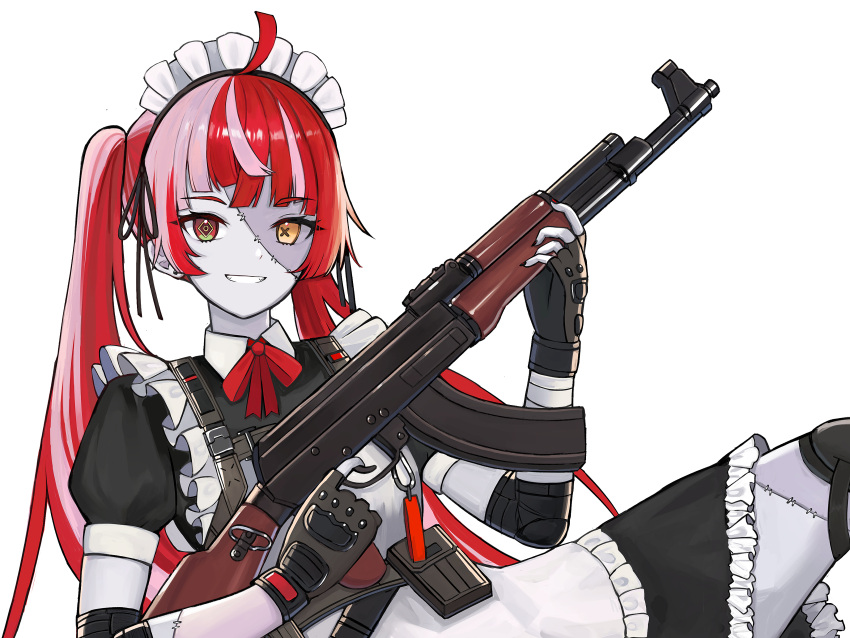 1girl absurdres ahoge ak-47 alternate_costume alternate_hairstyle apron assault_rifle bangs black_dress black_nails colored_skin dress enmaided fingernails grey_skin grin gun heterochromia highres holding holding_gun holding_weapon hololive hololive_indonesia kalashnikov_rifle knee_pads kureiji_ollie long_fingernails looking_at_viewer maid maid_apron maid_headdress multicolored multicolored_hair multicolored_skin muramasa_dash patchwork_skin pink_hair red_eyes redhead rifle sharp_fingernails simple_background sitting smile solo stitched_arm stitched_face stitched_leg stitches two-tone_hair two-tone_skin virtual_youtuber weapon white_background white_skin yellow_eyes zombie