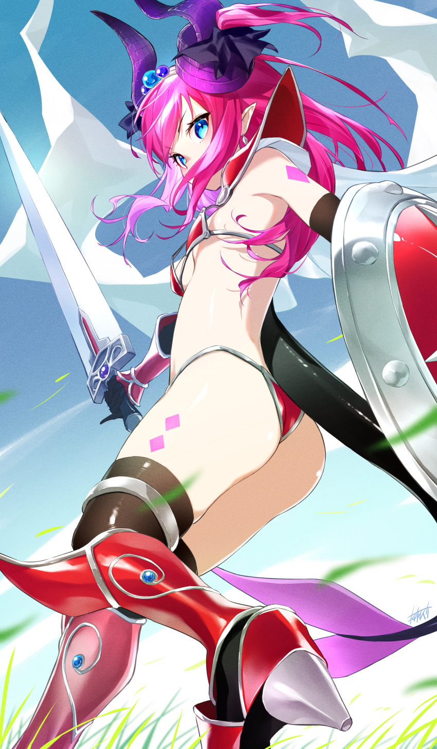1girl absurdres armor asymmetrical_horns bikini bikini_armor blue_eyes blue_sky breasts cape curled_horns day dragon_girl dragon_horns dragon_tail earrings elizabeth_bathory_(brave)_(fate) elizabeth_bathory_(fate) fate/grand_order fate_(series) highres holding holding_shield holding_sword holding_weapon horns jewelry long_hair loose_bikini omagacchu outdoors oversized_clothes pauldrons pink_hair pointy_ears red_armor red_bikini shield shoes shoulder_armor silver_trim sky small_breasts solo spiked_boots spiked_footwear spiked_shoes spikes standing swimsuit sword tail vambraces weapon white_cape