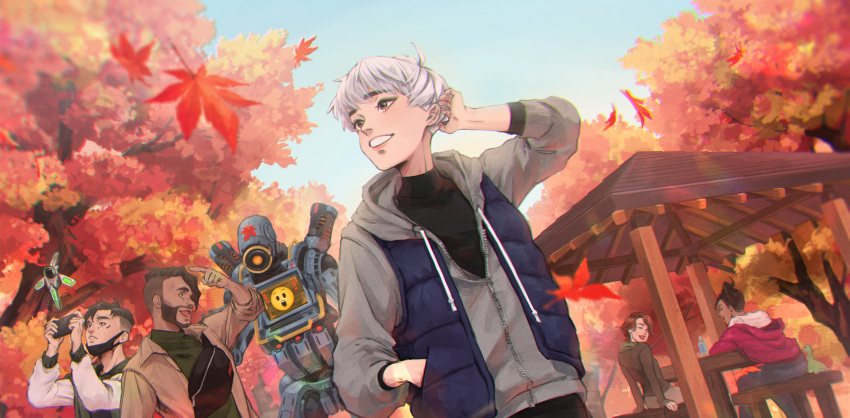 3boys 3girls alternate_costume apex_legends autumn_leaves black_eyes black_hair black_sweater blue_vest bossan_3310 brown_eyes brown_hair brown_jacket cellphone crypto_(apex_legends) dark-skinned_female dark-skinned_male dark_skin drawstring fanny_pack green_vest grey_hoodie grey_sweater hack_(apex_legends) hair_behind_ear highres holding holding_phone hood hoodie horizon_(apex_legends) humanoid_robot jacket leaf looking_up maple_leaf mirage_(apex_legends) multiple_boys multiple_girls nessie_(respawn) off_shoulder one-eyed open_mouth orange_eyes orange_hair parted_lips pathfinder_(apex_legends) phone pink_hoodie rampart_(apex_legends) science_fiction shirt short_hair side_ponytail silver_hair smartphone smile sweater undercut valkyrie_(apex_legends) vest white_shirt