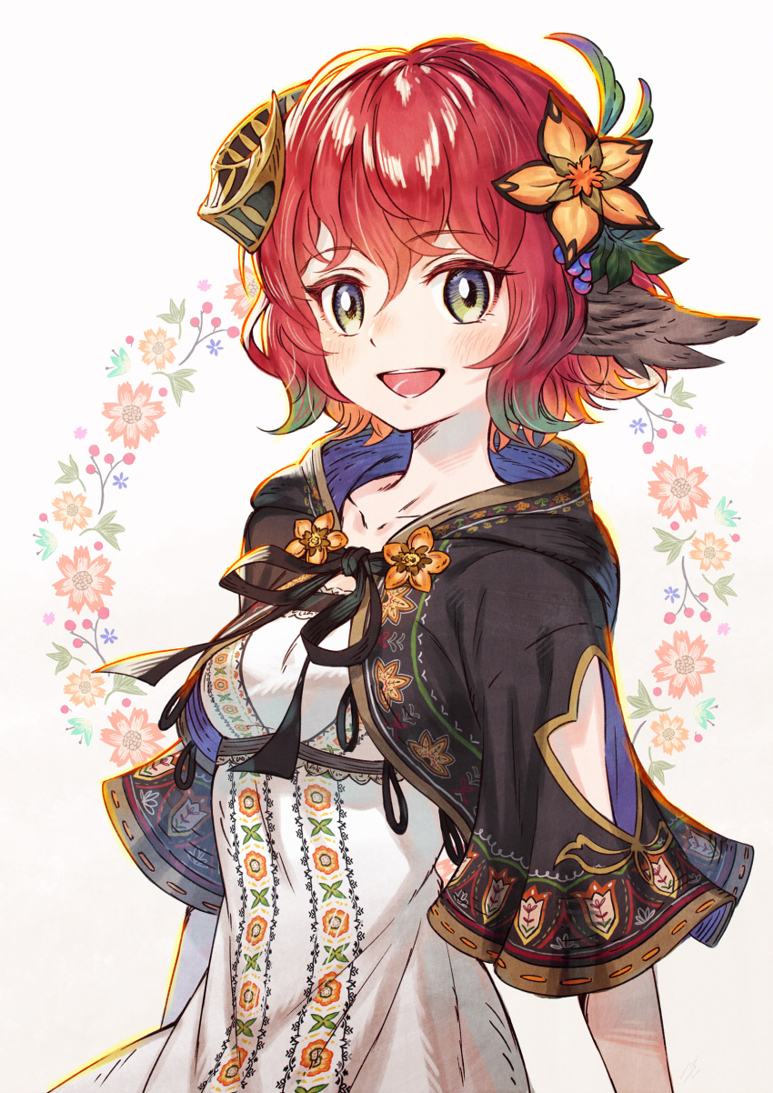 1girl :d breasts curled_horns dress feathers floral_print flower gradient_hair hair_between_eyes hair_flower hair_ornament highres horns looking_at_viewer multicolored_hair original redhead sho_(sumika) short_hair short_sleeves simple_background single_horn small_breasts smile solo upper_body white_dress
