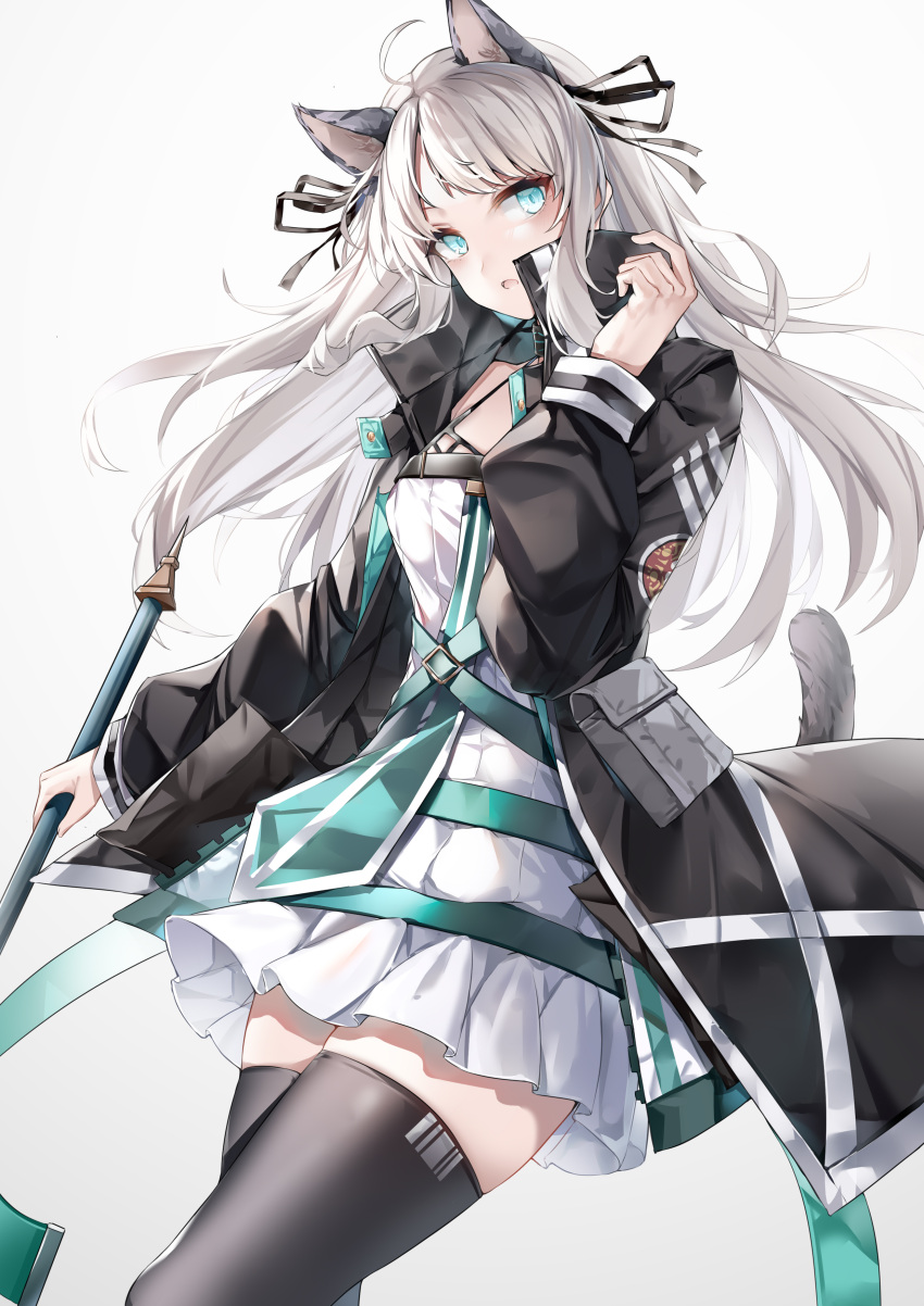 1girl :o absurdres ahoge animal_ears aqua_eyes arknights belt black_coat black_legwear black_ribbon blush cat_ears cat_girl cat_tail coat commentary_request cowboy_shot dress frilled_dress frills hair_ribbon highres holding long_hair long_sleeves looking_at_viewer lubikaya mint_(arknights) open_clothes open_coat open_mouth ribbon silver_hair solo tail thigh-highs white_dress zettai_ryouiki
