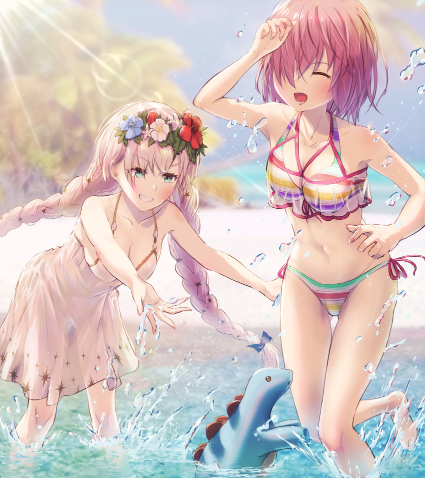 2girls absurdres anastasia_(fate) anastasia_(swimsuit_archer)_(fate) bangs beach bikini blue_eyes blue_flower blurry blurry_background blush braid breasts closed_eyes collarbone commentary_request dinosaur dress dress_swimsuit eyebrows_visible_through_hair fate/grand_order fate_(series) fingernails flower flower_wreath grin hair_between_eyes hair_flower hair_ornament hair_over_one_eye head_wreath highres in_water long_hair mash_kyrielight mash_kyrielight_(swimsuit_of_perpetual_summer_ver.02) medium_breasts multicolored multicolored_bikini multicolored_clothes multicolored_swimsuit multiple_girls navel open_mouth outdoors pink_hair red_flower sand see-through short_hair smile splashing ste-kun_(fate) stegosaurus striped striped_bikini striped_swimsuit sunlight swimsuit teeth tongue twin_braids water white_dress white_flower white_hair white_swimsuit yumesaki_takeshi