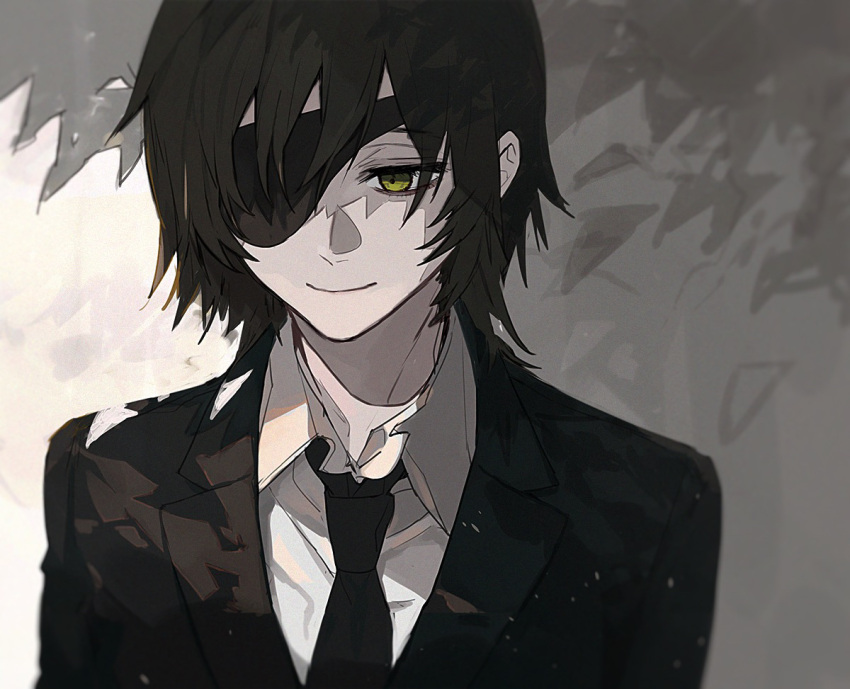 1girl black_hair black_jacket black_neckwear chainsaw_man closed_mouth collared_shirt ebanoniwa eyepatch himeno_(chainsaw_man) jacket necktie one_eye_covered shirt short_hair smile solo upper_body white_shirt wing_collar yellow_eyes