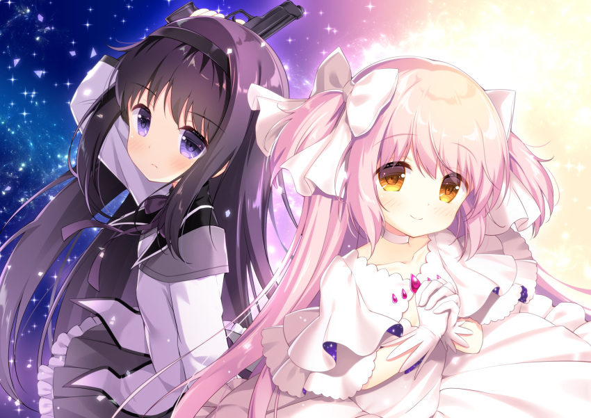 2girls akemi_homura arm_up choker dress eyebrows_visible_through_hair from_above gloves goddess_madoka gun hair_ribbon highres holding_hands ikataruto kaname_madoka light looking_at_viewer looking_to_the_side magical_girl mahou_shoujo_madoka_magica multiple_girls own_hands_clasped own_hands_together pink_eyes pink_hair purple_hair ribbon space twintails two_side_up upper_body weapon white_choker white_dress white_gloves yellow_eyes