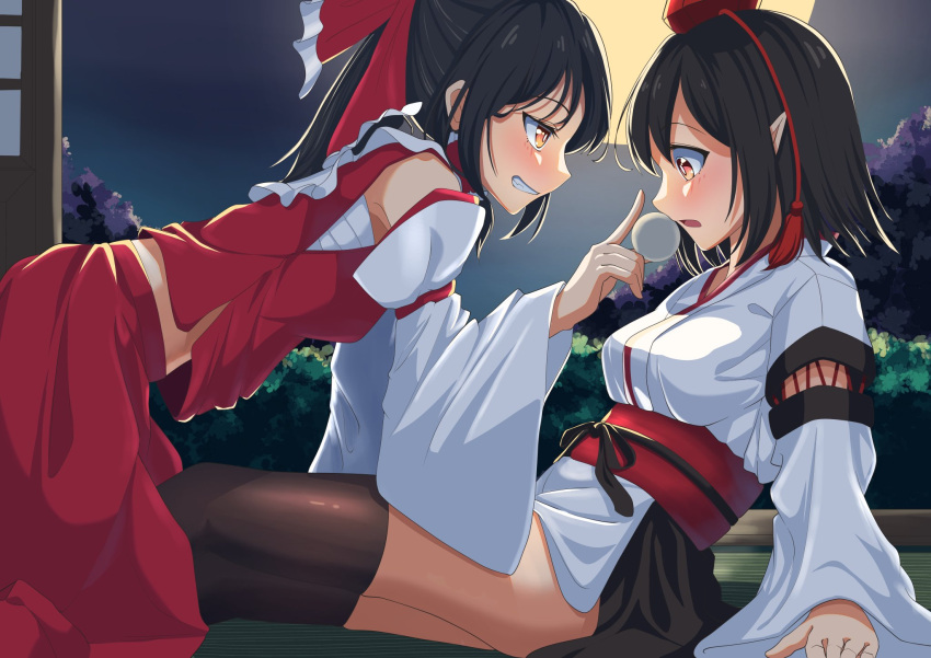 2girls alternate_eye_color amanoyayuki bangs bent_over black_hair black_legwear blush bow branch breasts commentary_request cross-laced_clothes detached_sleeves embarrassed frilled_shirt_collar frills grin hair_bow hair_tubes hakurei_reimu hands_on_floor hat highres japanese_clothes kourindou_tengu_costume large_breasts long_hair mochi moon multiple_girls night night_sky nontraditional_miko obi pointy_ears pom_pom_(clothes) red_bow red_eyes sarashi sash shameimaru_aya short_hair sky smile thigh-highs tokin_hat touhou tree white_sleeves wide_sleeves wooden_floor yellow_eyes yuri