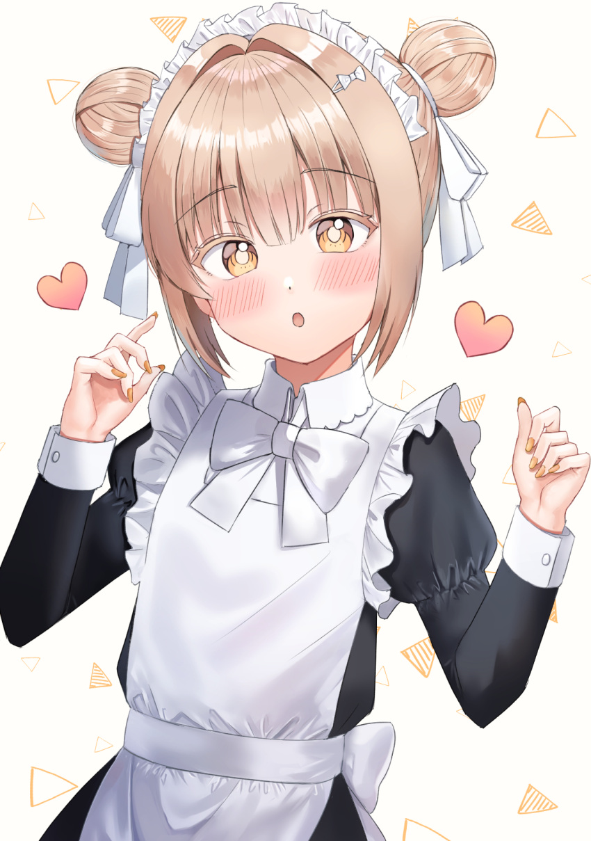1girl :o apron bangs black_dress blush brown_background brown_eyes brown_hair colored_eyelashes commentary_request double_bun dress eyebrows_visible_through_hair frilled_apron frills hair_between_eyes hands_up heart highres juliet_sleeves kubong long_sleeves looking_at_viewer maid maid_apron maid_headdress original parted_lips puffy_sleeves sidelocks simple_background solo white_apron